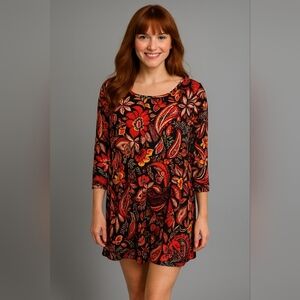 Yarn & Sea Medium Black Multicolor Floral Jersey Knit Swing Dress Cottage Boho